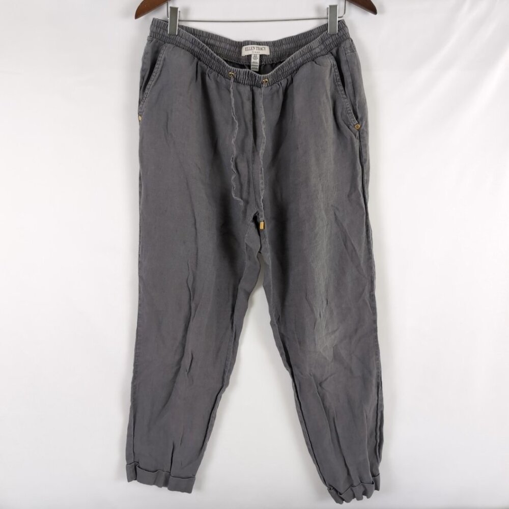 Ellen Tracy Women's Gray 100% Linen Pants Tapered Straight Leg, Medium